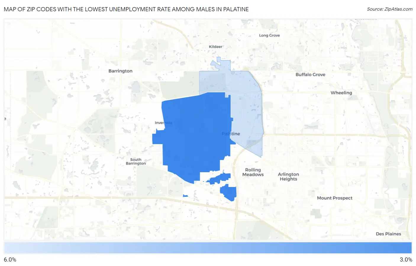 Zip Codes with the Lowest Unemployment Rate Among Males in Palatine Map
