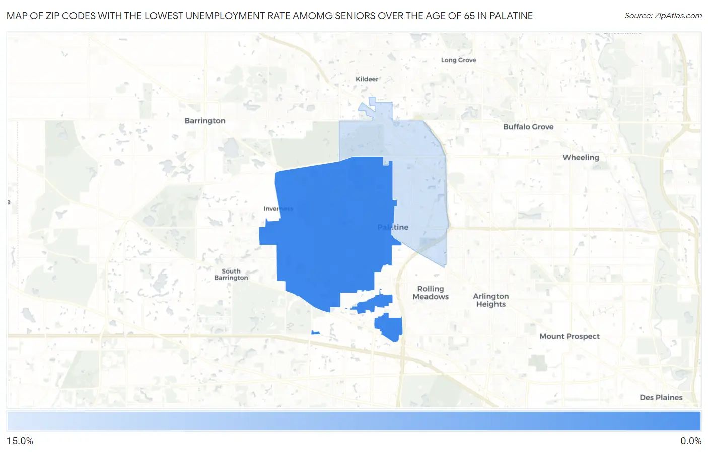 Zip Codes with the Lowest Unemployment Rate Amomg Seniors Over the Age of 65 in Palatine Map