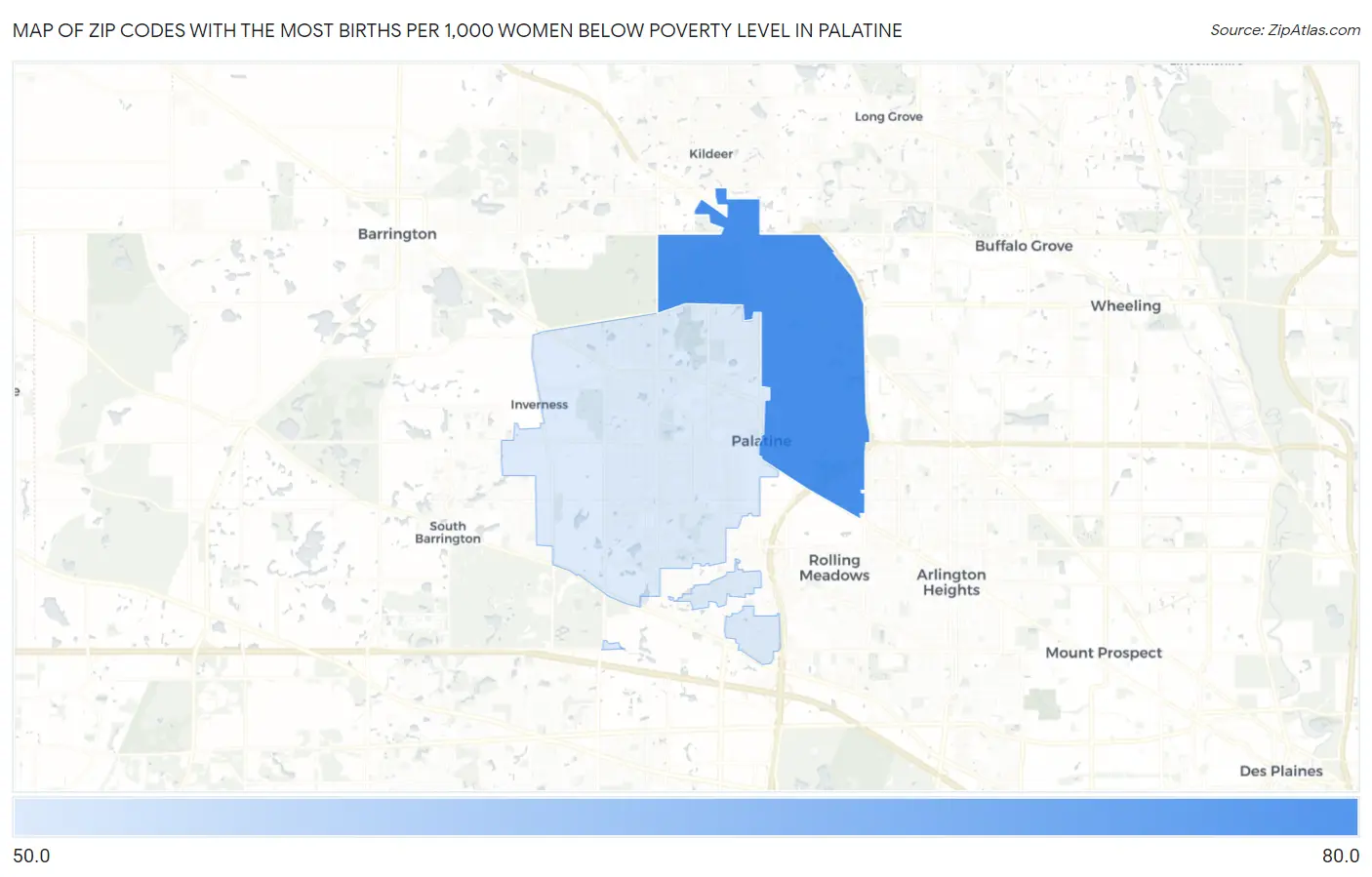 Zip Codes with the Most Births per 1,000 Women Below Poverty Level in Palatine Map
