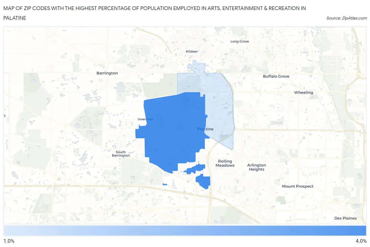 Zip Codes with the Highest Percentage of Population Employed in Arts, Entertainment & Recreation in Palatine Map