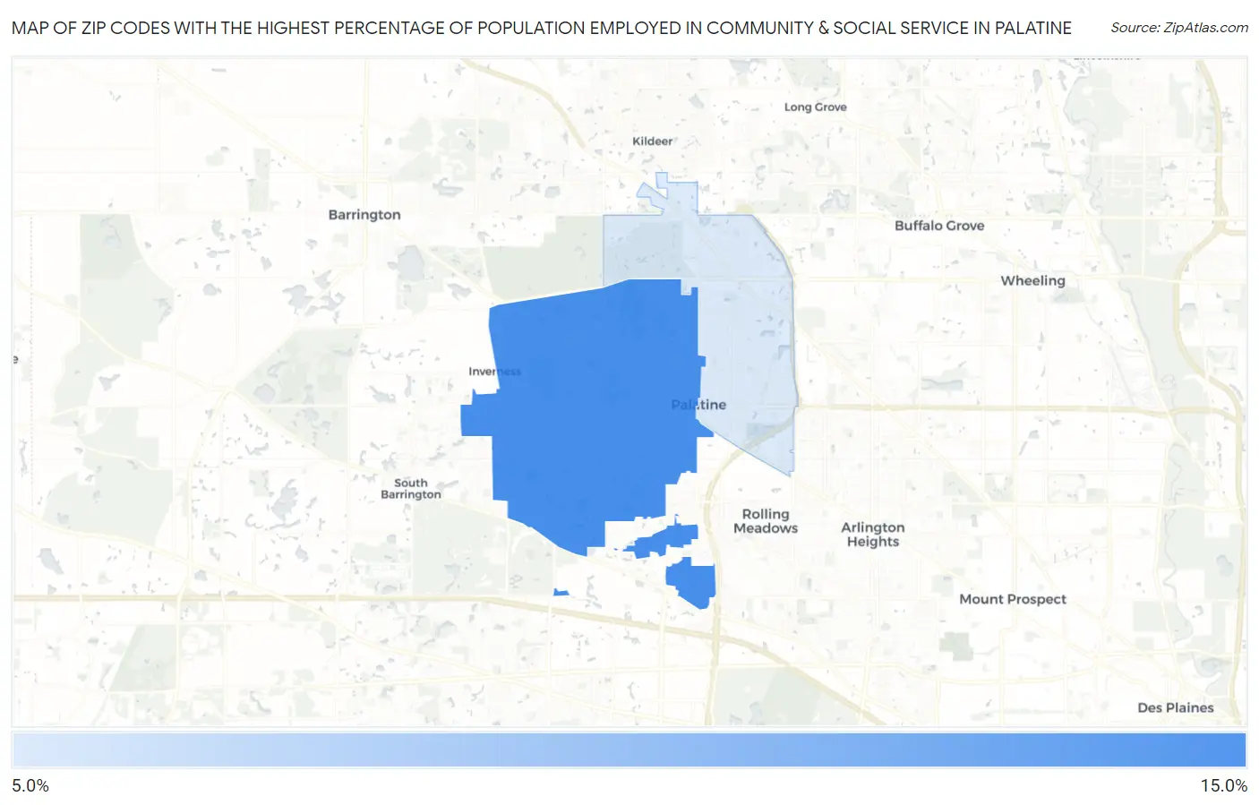 Zip Codes with the Highest Percentage of Population Employed in Community & Social Service  in Palatine Map