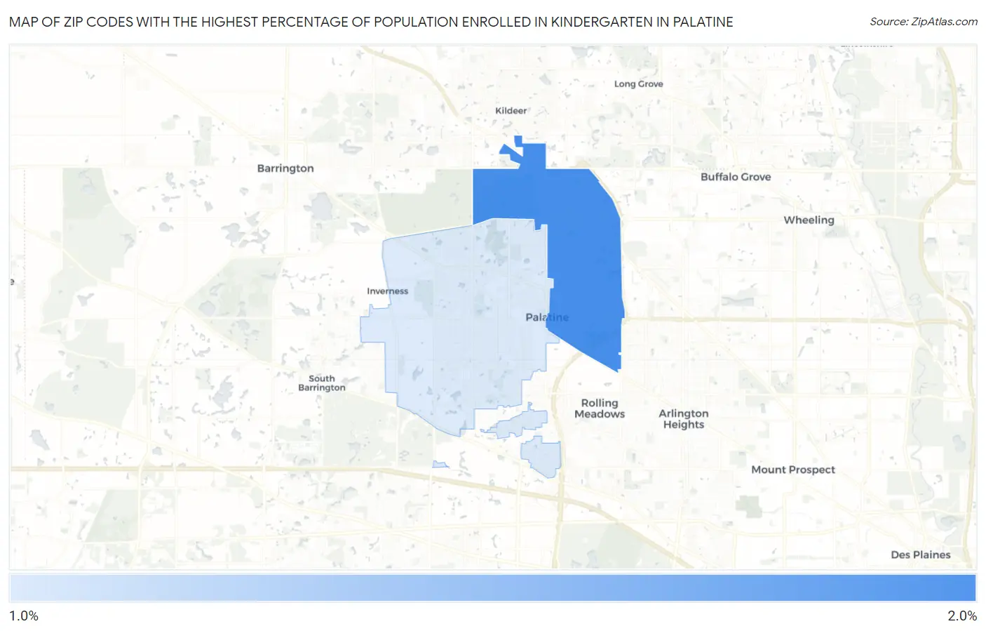Zip Codes with the Highest Percentage of Population Enrolled in Kindergarten in Palatine Map