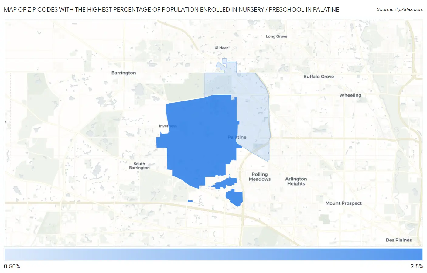 Zip Codes with the Highest Percentage of Population Enrolled in Nursery / Preschool in Palatine Map