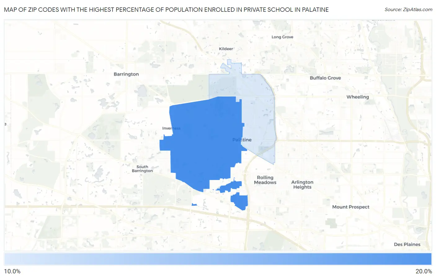 Zip Codes with the Highest Percentage of Population Enrolled in Private School in Palatine Map