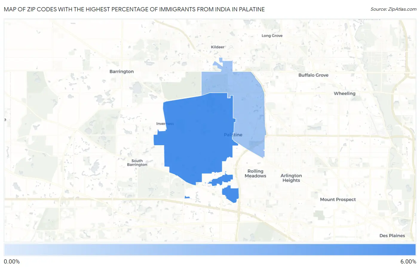 Zip Codes with the Highest Percentage of Immigrants from India in Palatine Map