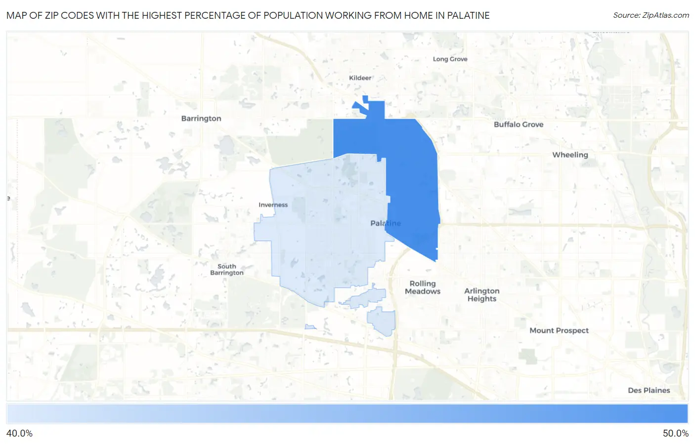Zip Codes with the Highest Percentage of Population Working from Home in Palatine Map