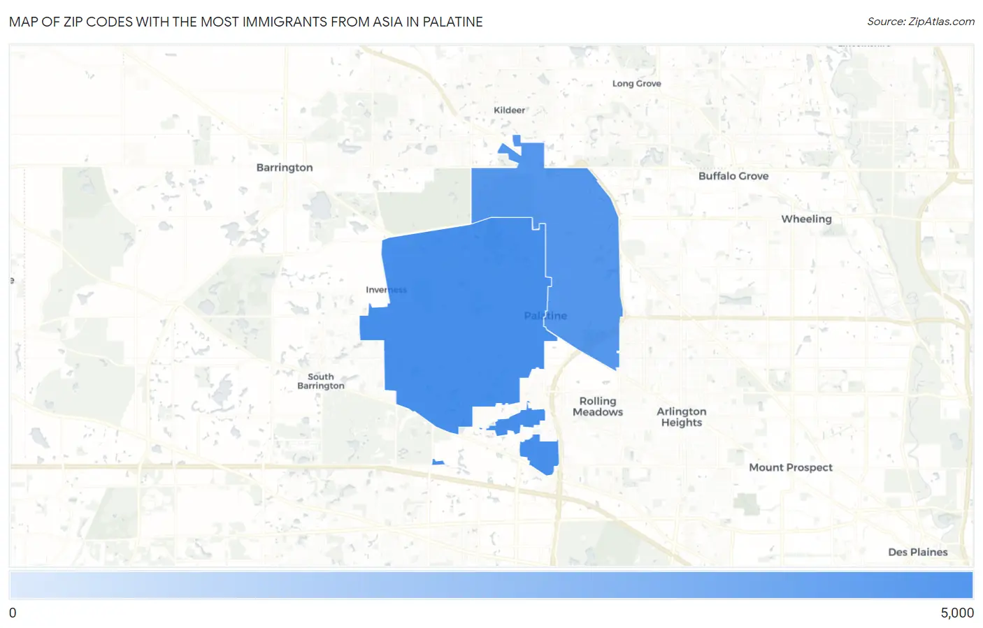 Zip Codes with the Most Immigrants from Asia in Palatine Map