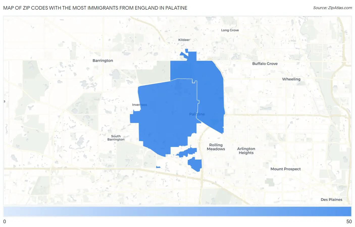 Zip Codes with the Most Immigrants from England in Palatine Map