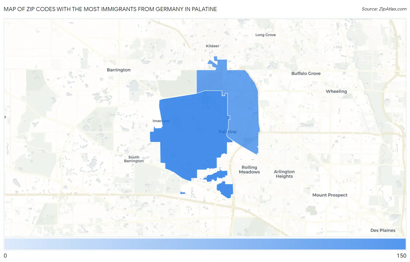 Zip Codes with the Most Immigrants from Germany in Palatine Map
