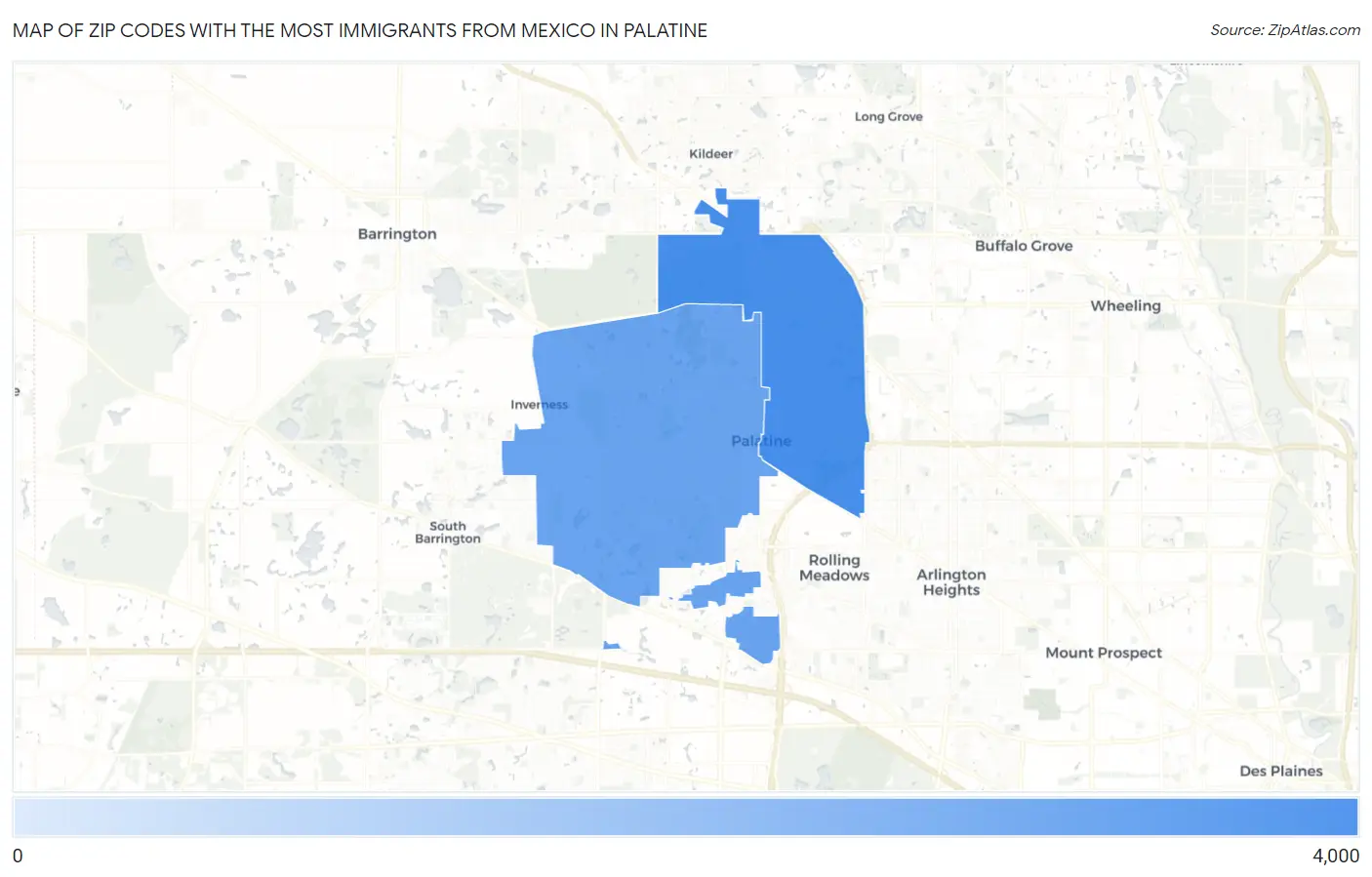 Zip Codes with the Most Immigrants from Mexico in Palatine Map
