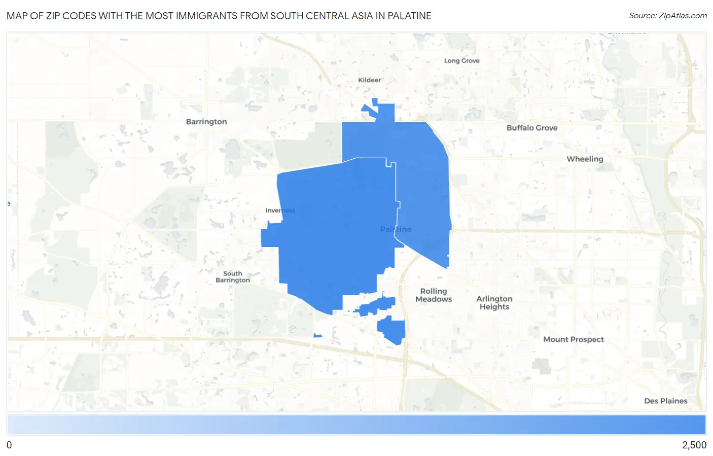 Zip Codes with the Most Immigrants from South Central Asia in Palatine Map