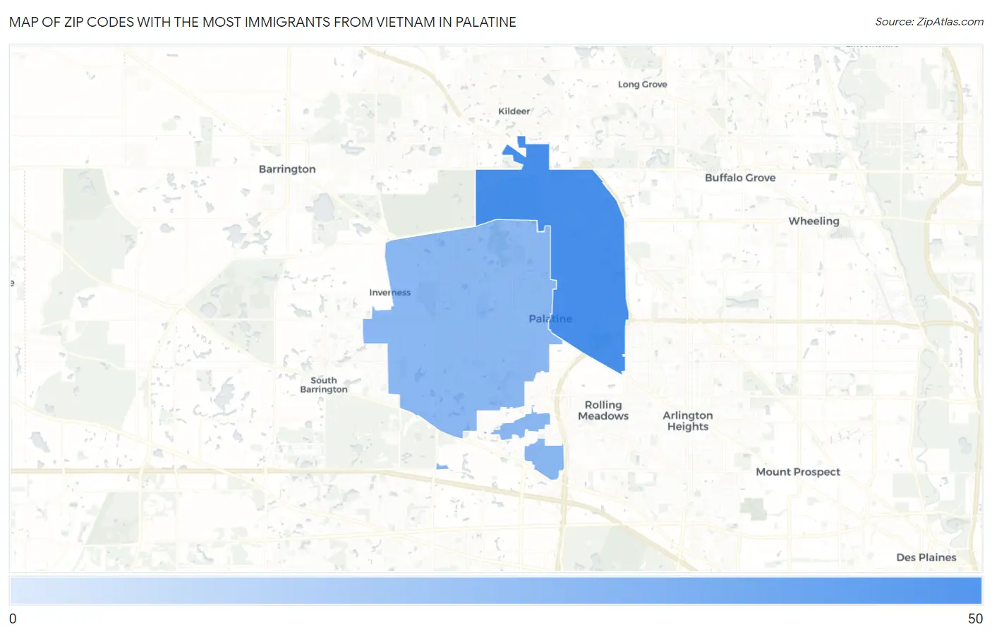 Zip Codes with the Most Immigrants from Vietnam in Palatine Map