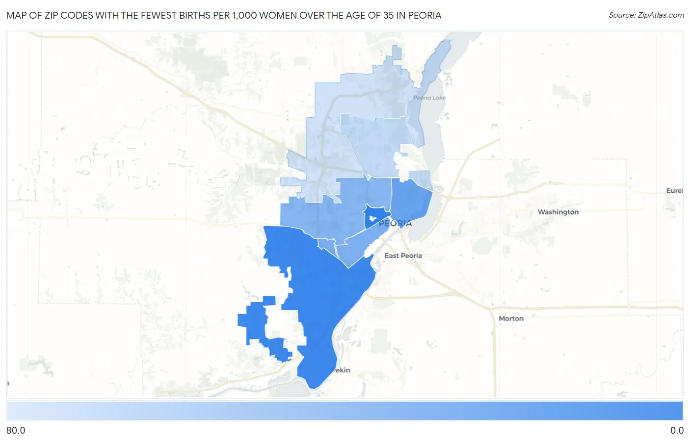 Zip Codes with the Fewest Births per 1,000 Women Over the Age of 35 in Peoria Map