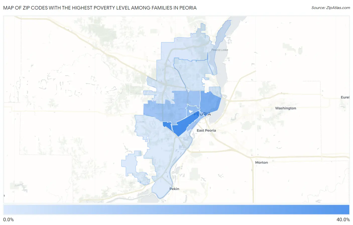 Zip Codes with the Highest Poverty Level Among Families in Peoria Map