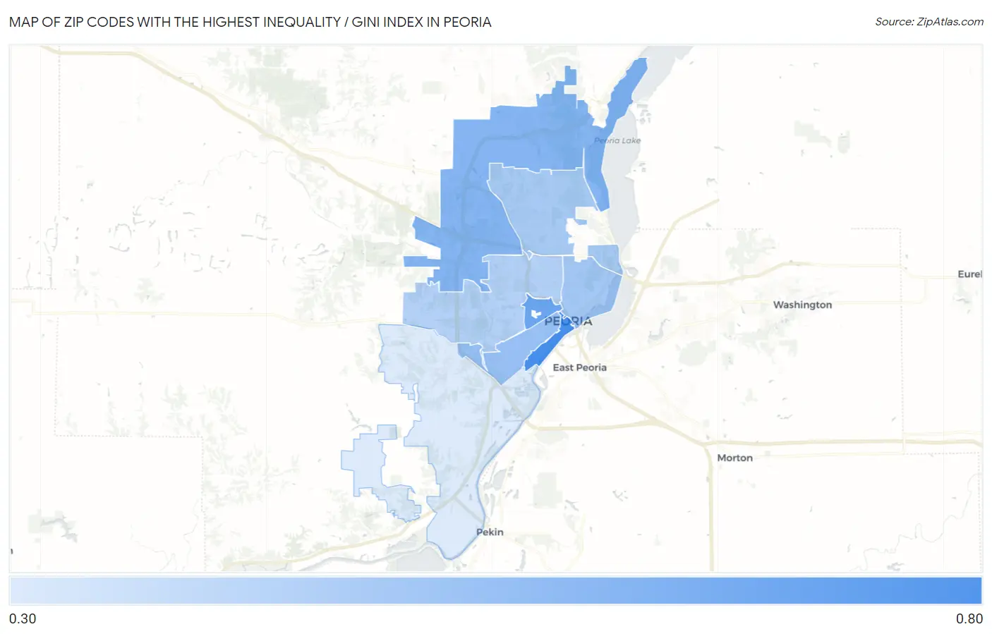 Zip Codes with the Highest Inequality / Gini Index in Peoria Map