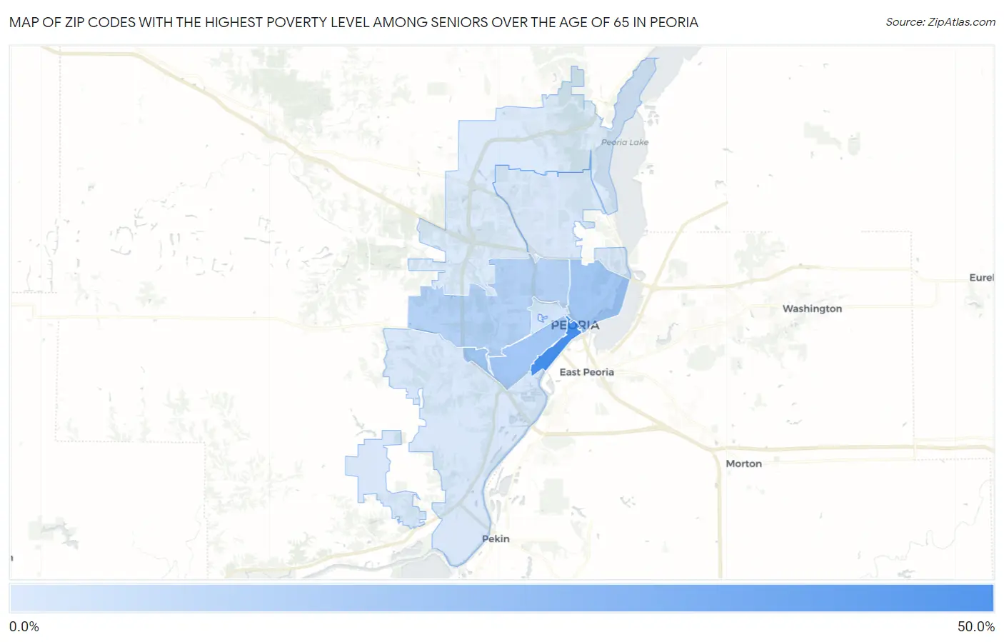 Zip Codes with the Highest Poverty Level Among Seniors Over the Age of 65 in Peoria Map