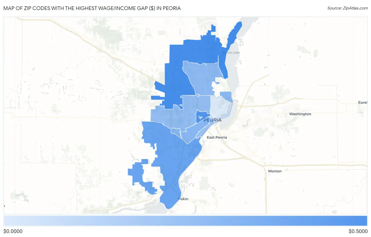 Zip Codes with the Highest Wage/Income Gap ($) in Peoria Map