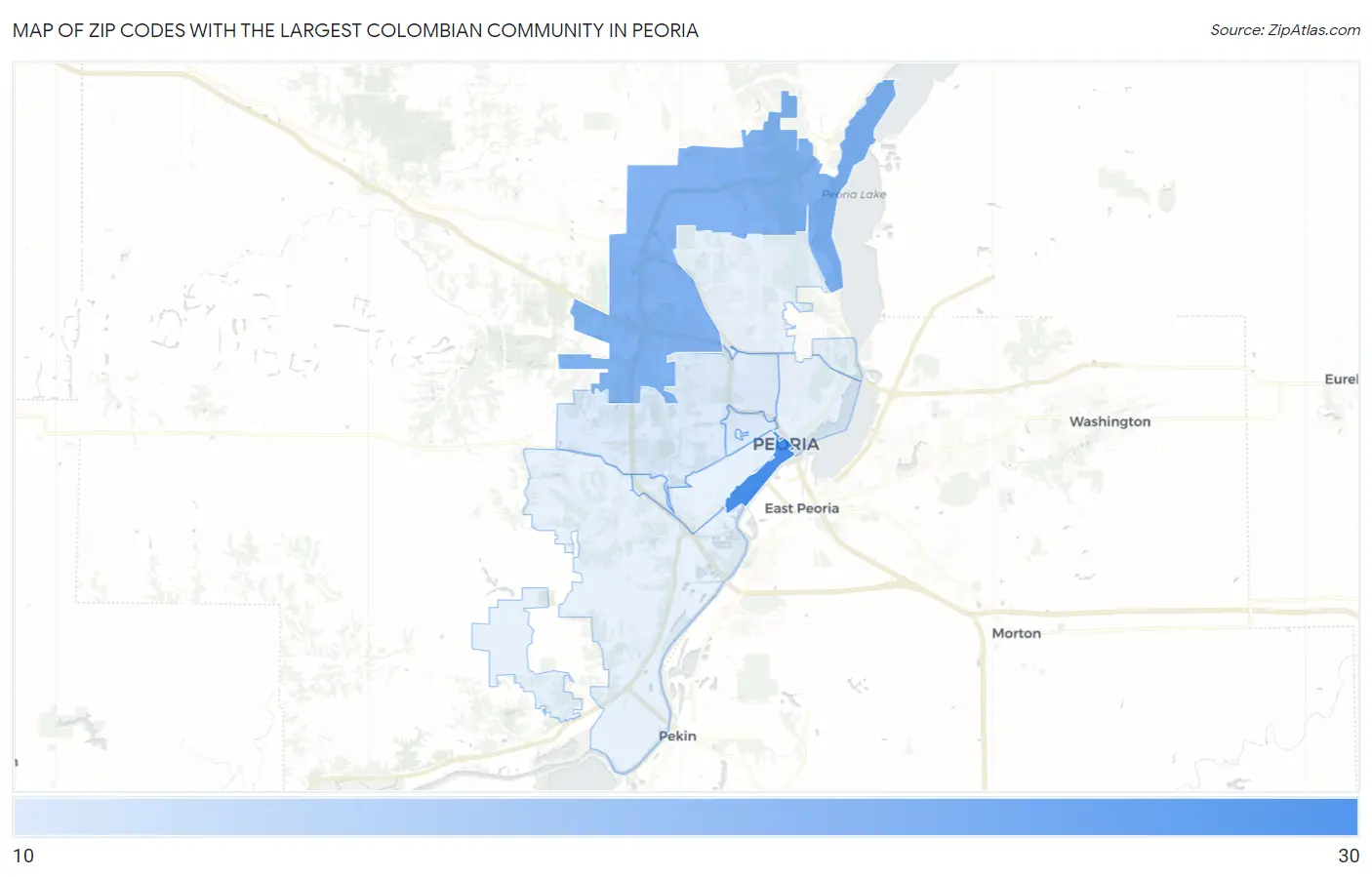 Zip Codes with the Largest Colombian Community in Peoria Map