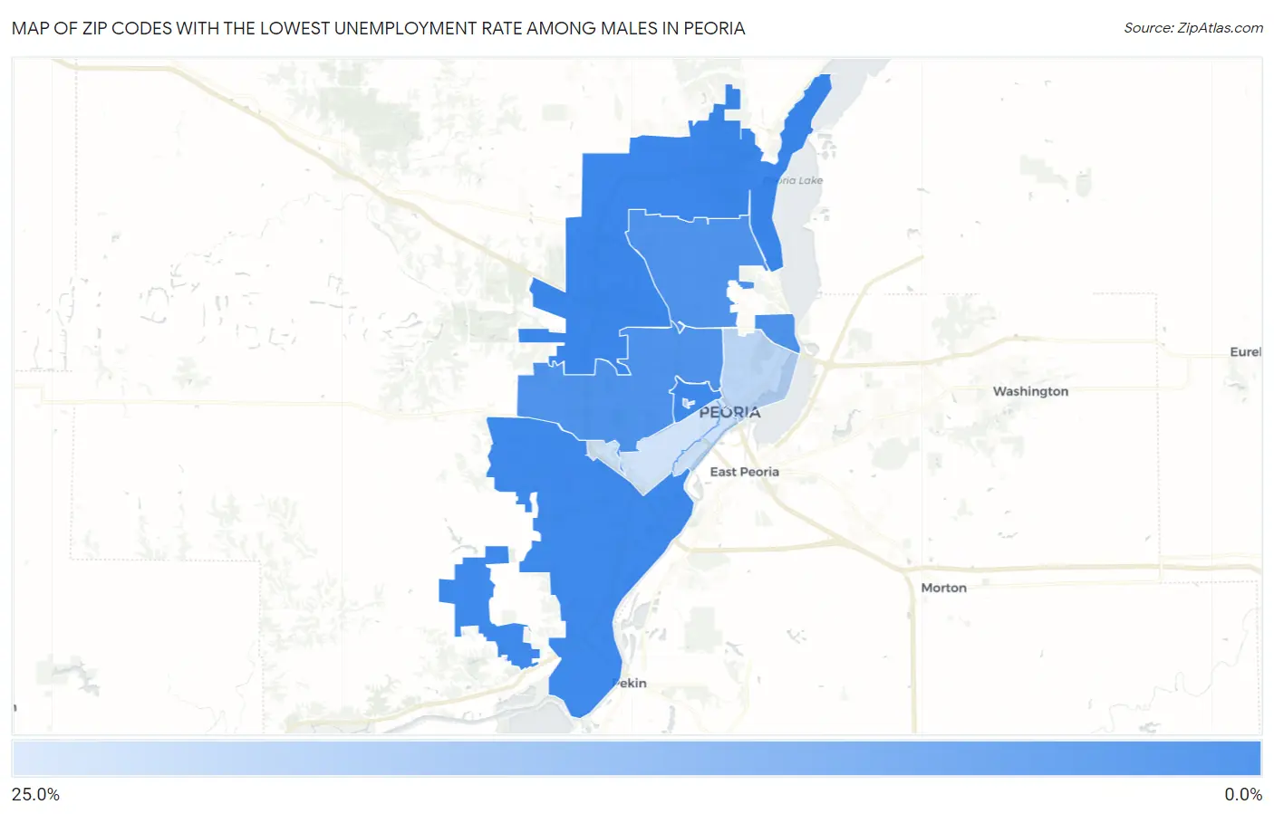 Zip Codes with the Lowest Unemployment Rate Among Males in Peoria Map