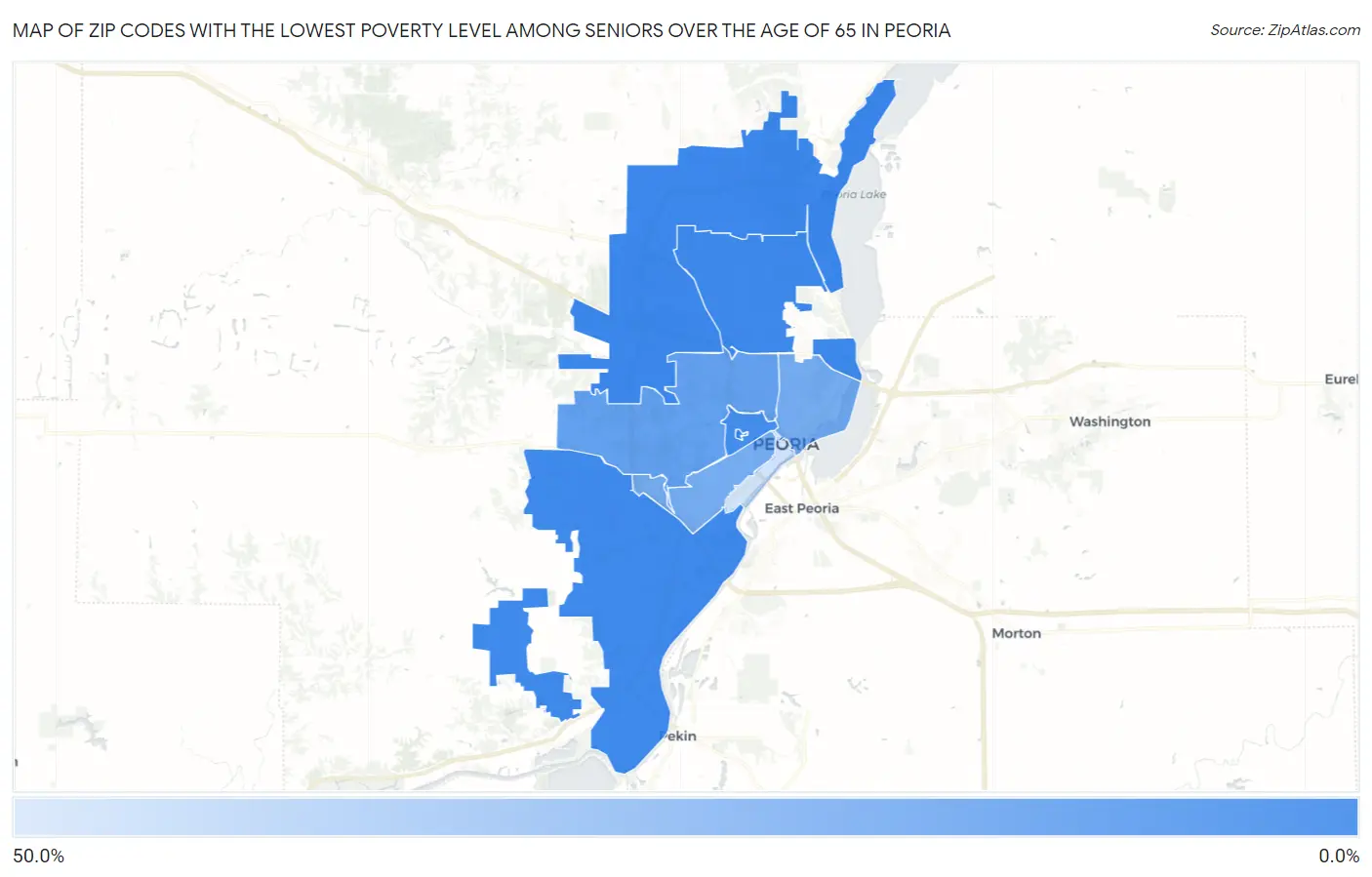 Zip Codes with the Lowest Poverty Level Among Seniors Over the Age of 65 in Peoria Map