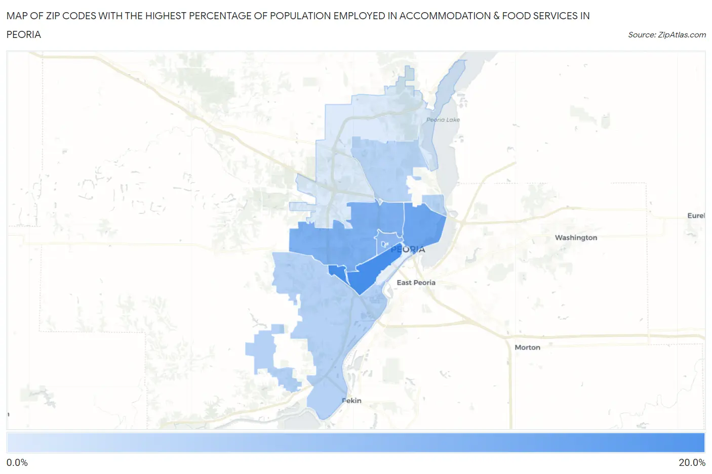 Zip Codes with the Highest Percentage of Population Employed in Accommodation & Food Services in Peoria Map