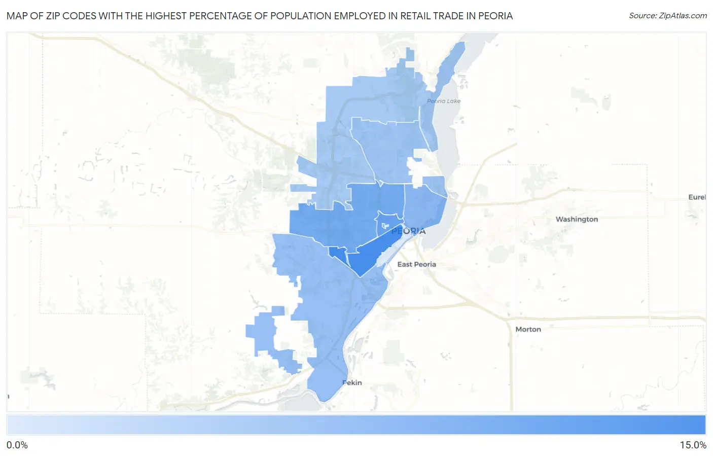 Zip Codes with the Highest Percentage of Population Employed in Retail Trade in Peoria Map