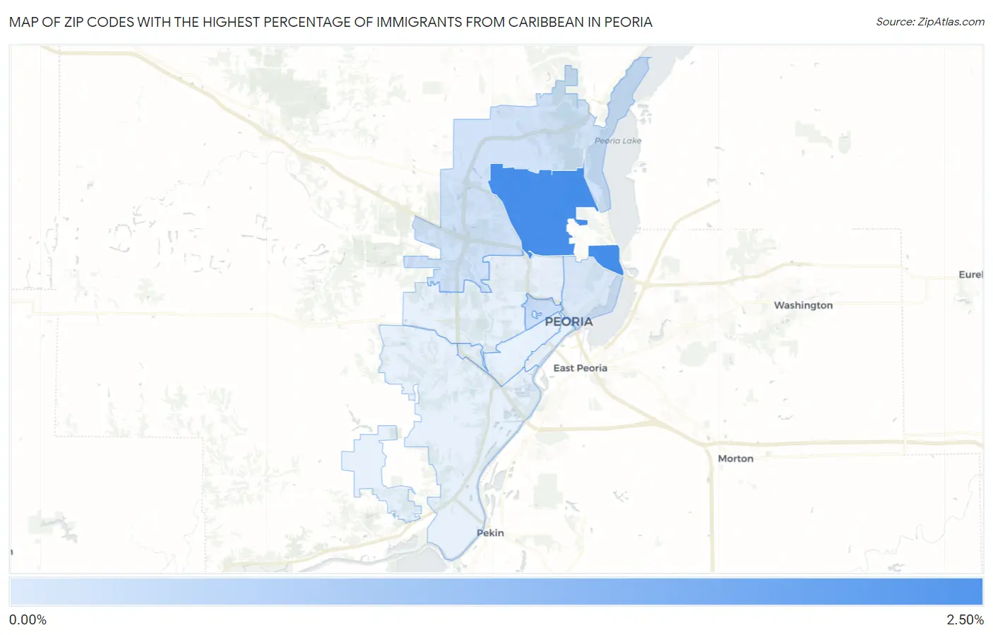 Zip Codes with the Highest Percentage of Immigrants from Caribbean in Peoria Map