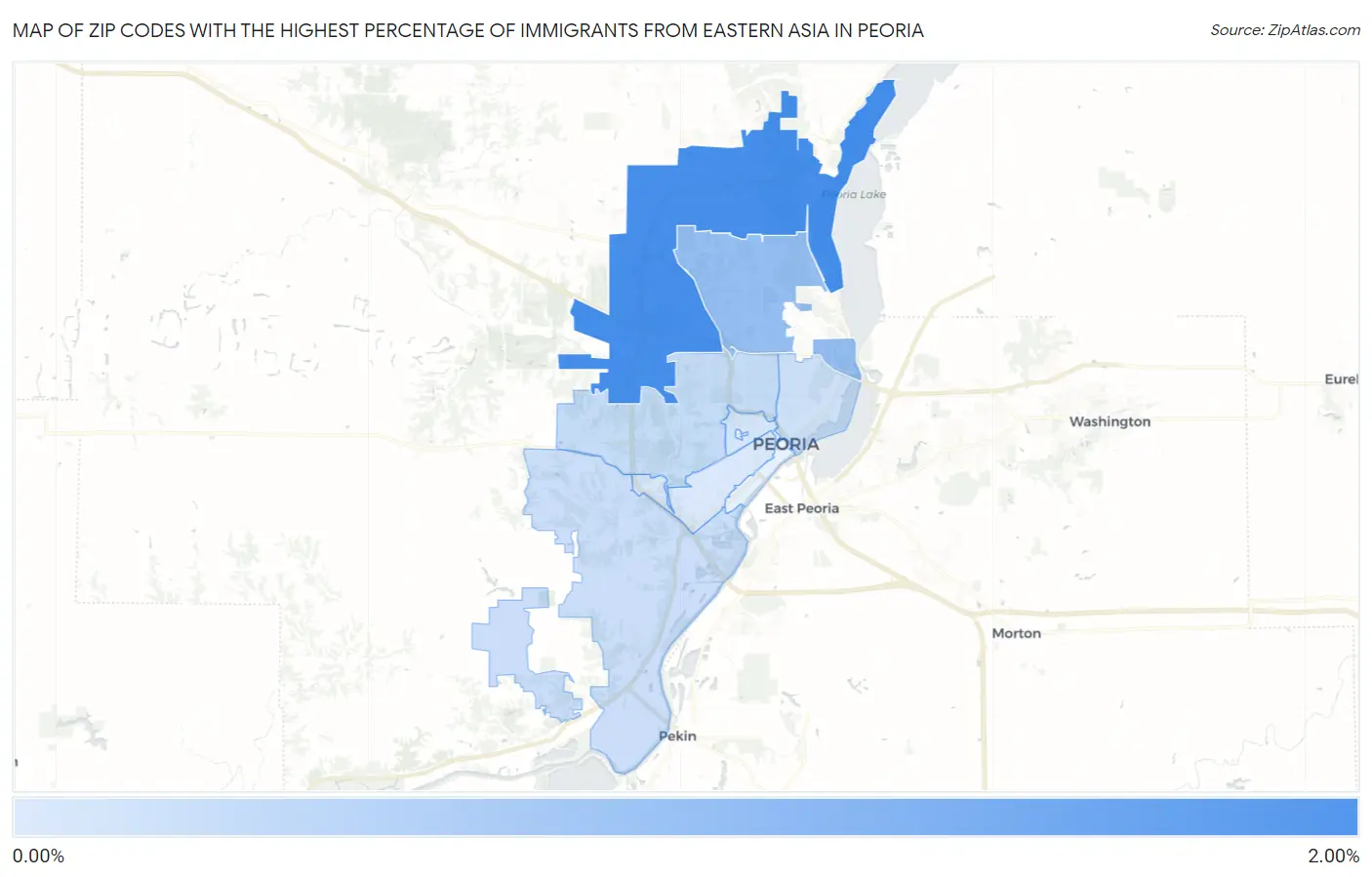 Zip Codes with the Highest Percentage of Immigrants from Eastern Asia in Peoria Map