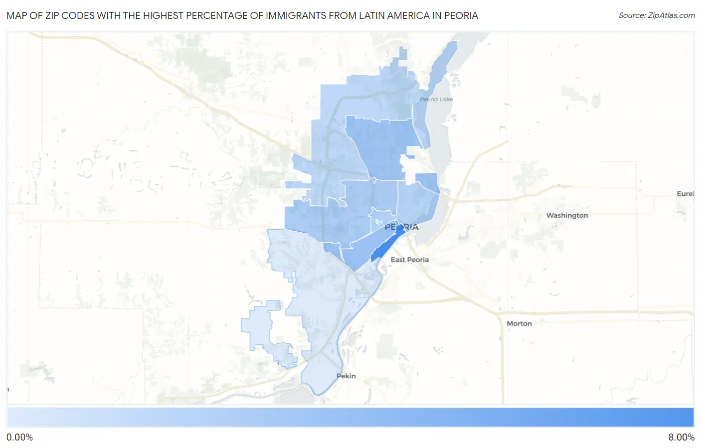 Zip Codes with the Highest Percentage of Immigrants from Latin America in Peoria Map
