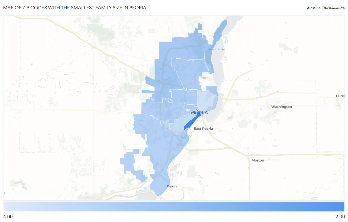 Zip Codes with the Smallest Family Size in Peoria Map