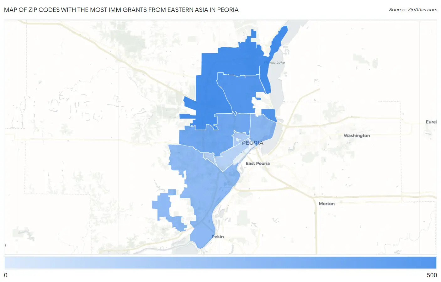 Zip Codes with the Most Immigrants from Eastern Asia in Peoria Map