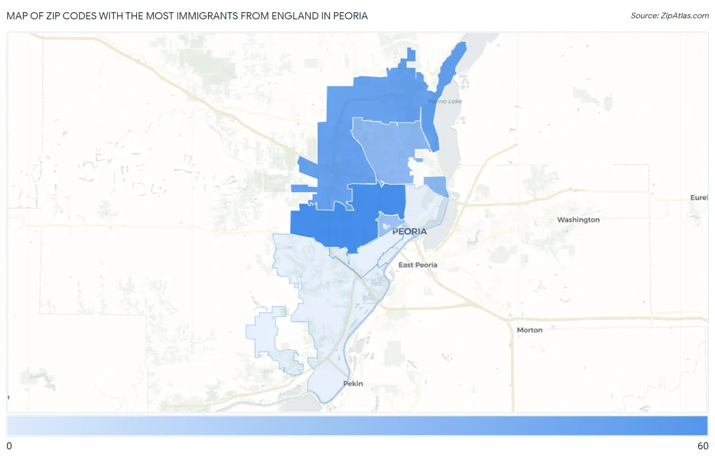 Zip Codes with the Most Immigrants from England in Peoria Map