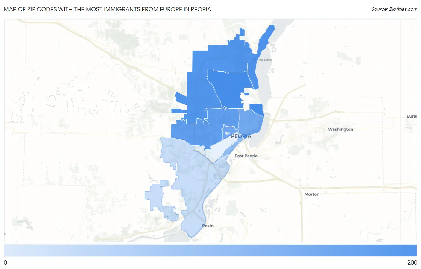 Zip Codes with the Most Immigrants from Europe in Peoria Map
