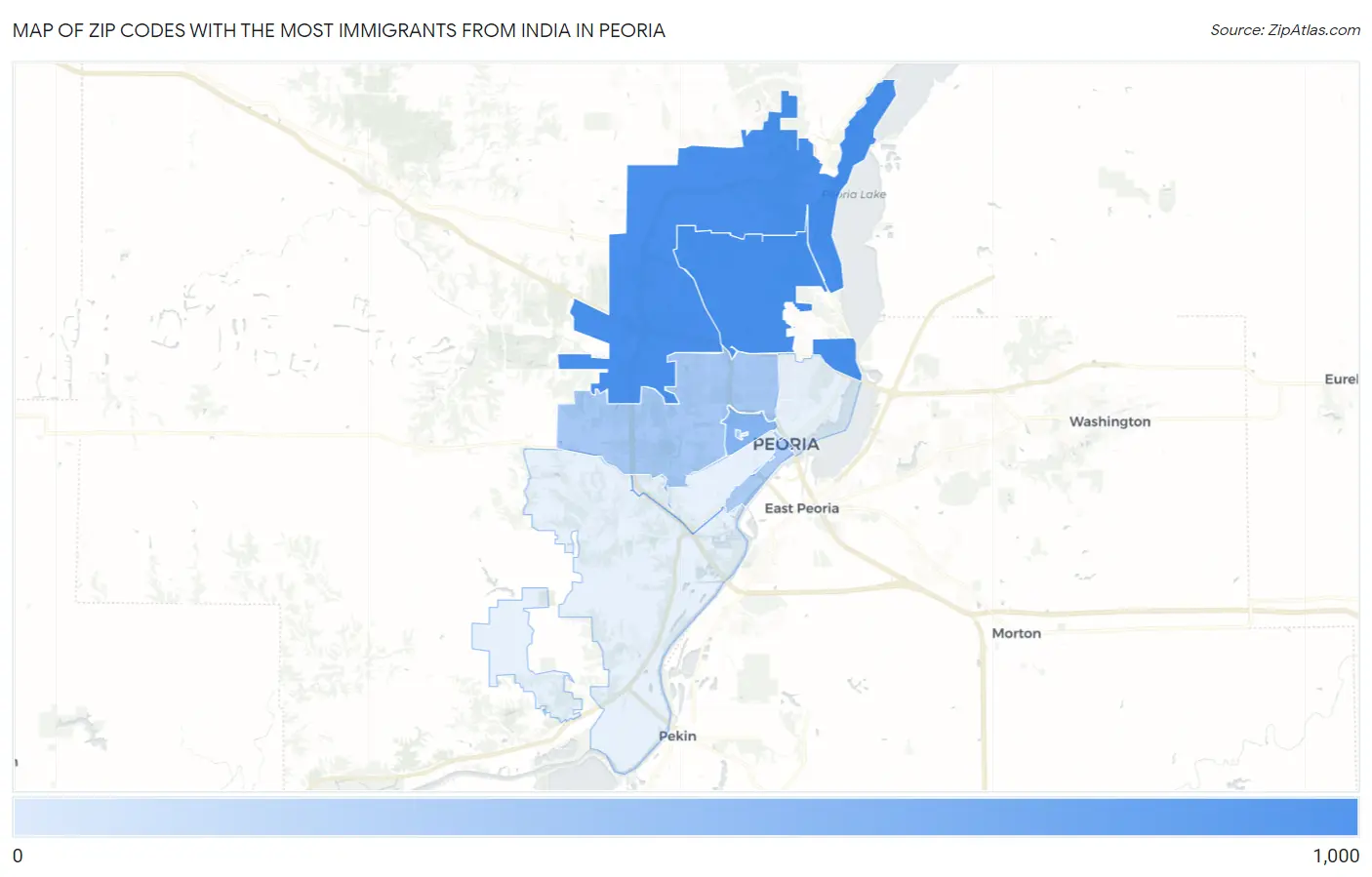 Zip Codes with the Most Immigrants from India in Peoria Map