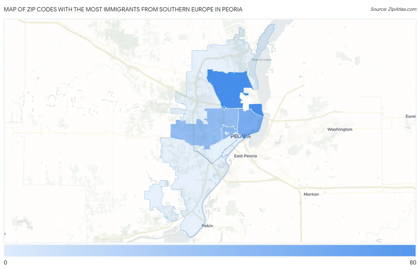 Zip Codes with the Most Immigrants from Southern Europe in Peoria Map