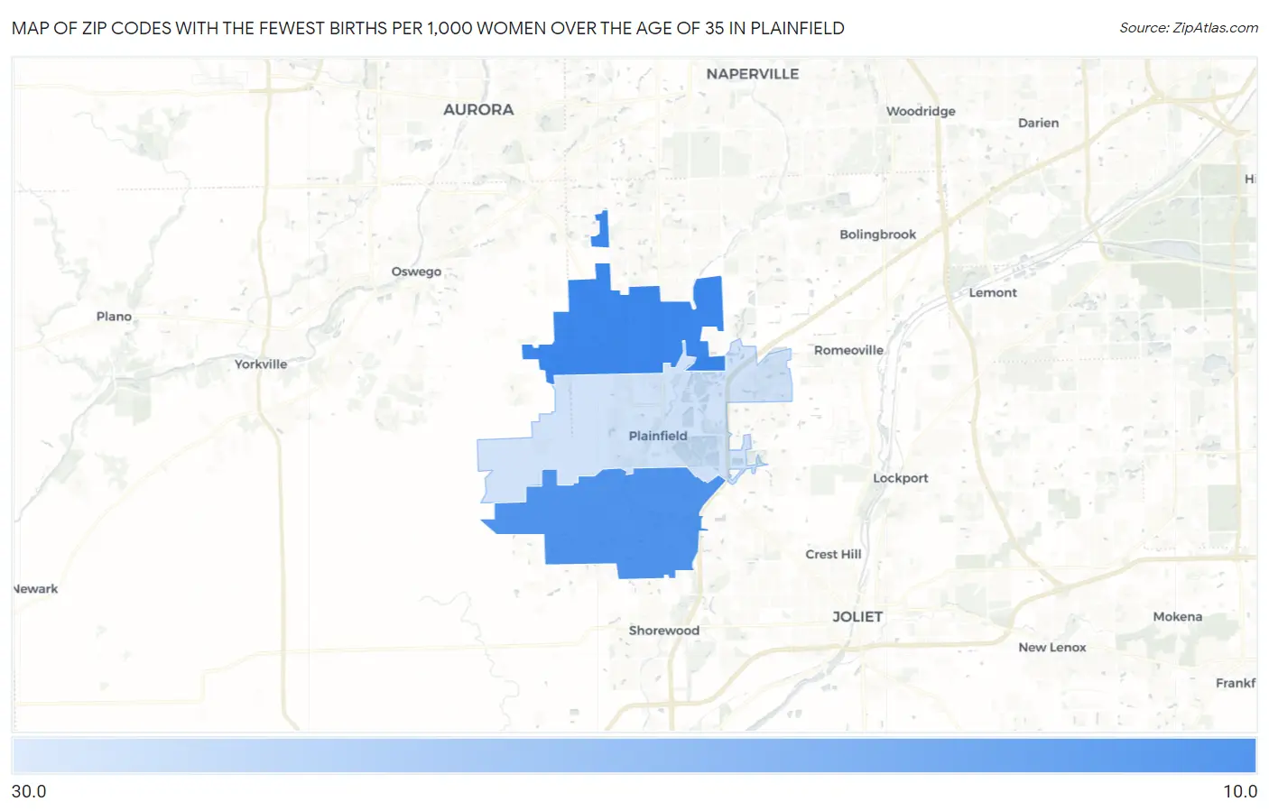 Zip Codes with the Fewest Births per 1,000 Women Over the Age of 35 in Plainfield Map