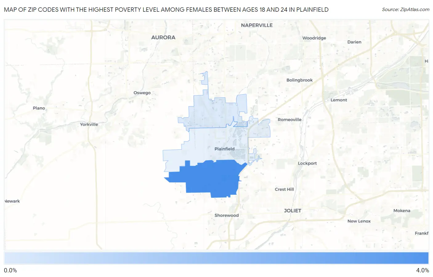 Zip Codes with the Highest Poverty Level Among Females Between Ages 18 and 24 in Plainfield Map