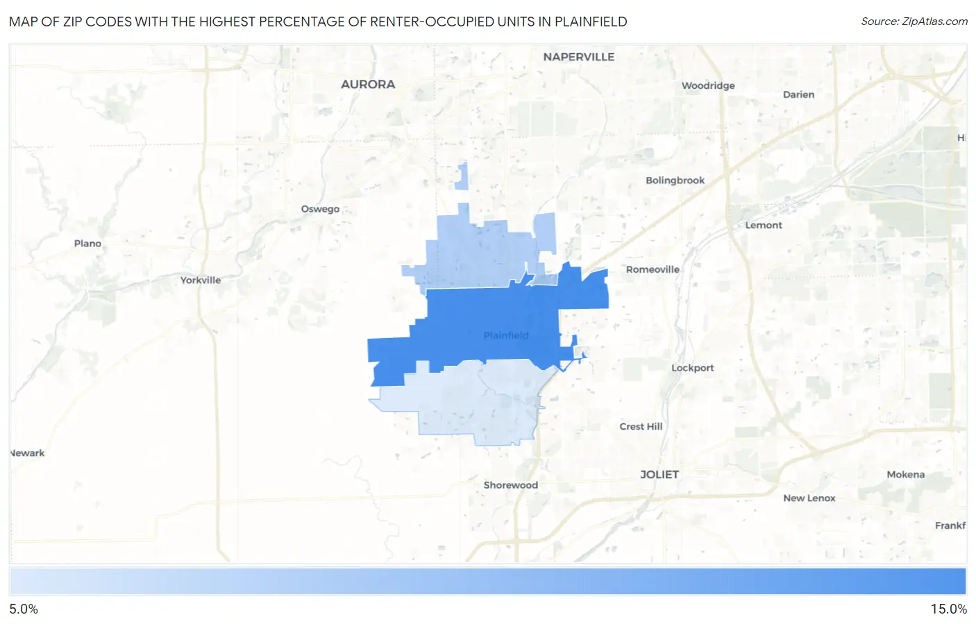 Zip Codes with the Highest Percentage of Renter-Occupied Units in Plainfield Map