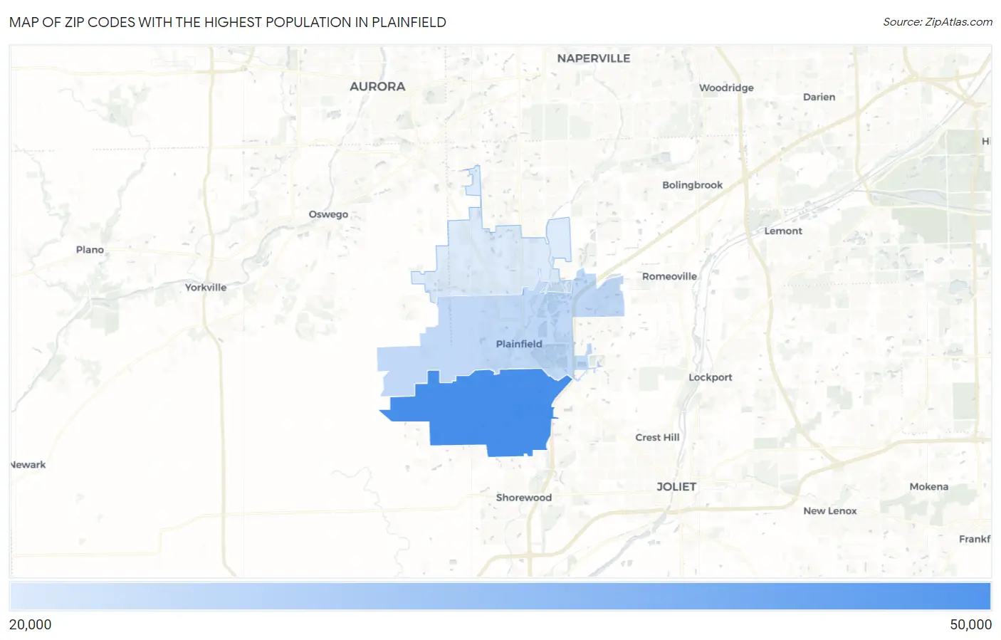 Zip Codes with the Highest Population in Plainfield Map