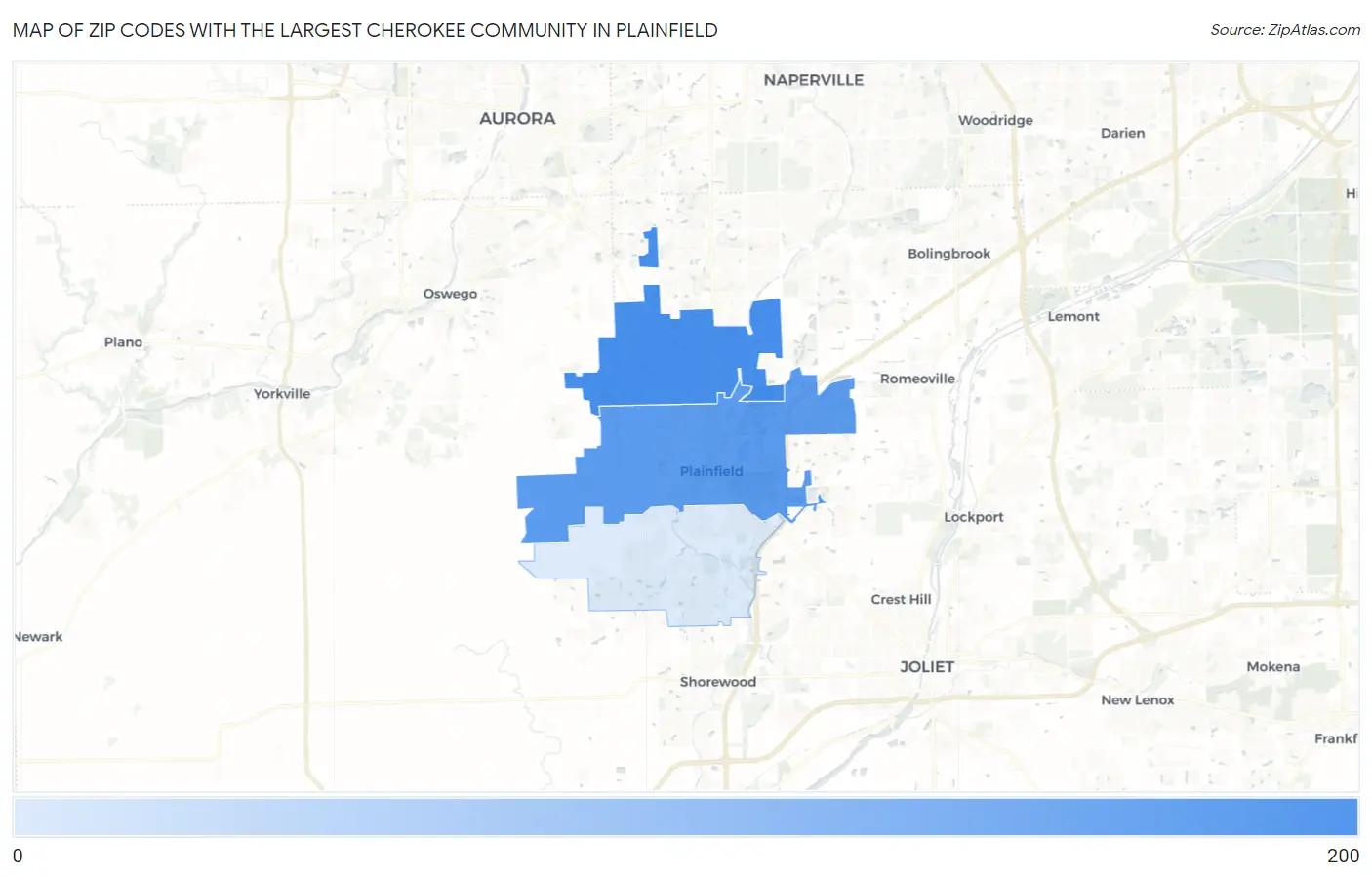 Zip Codes with the Largest Cherokee Community in Plainfield Map