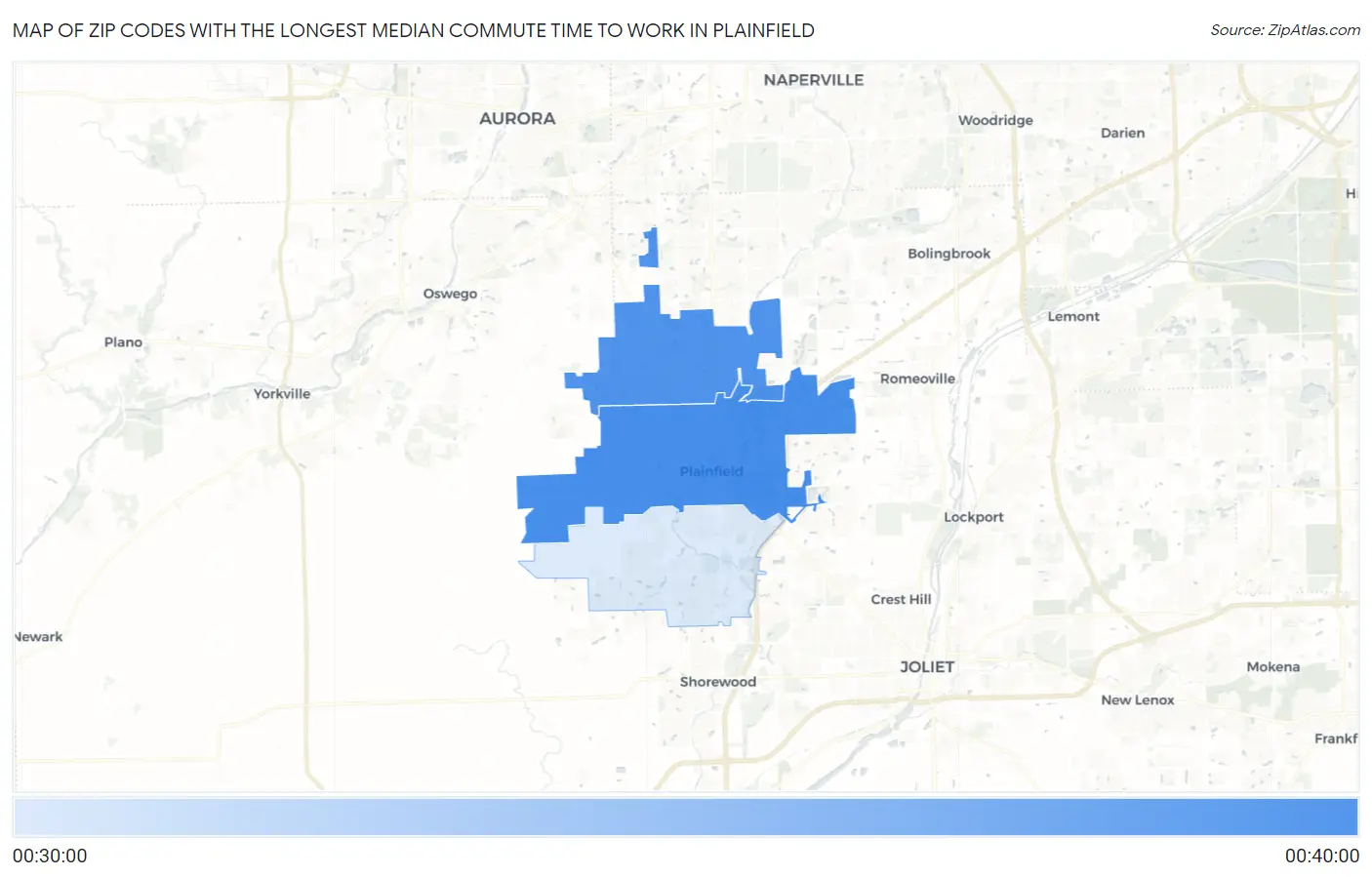 Zip Codes with the Longest Median Commute Time to Work in Plainfield Map