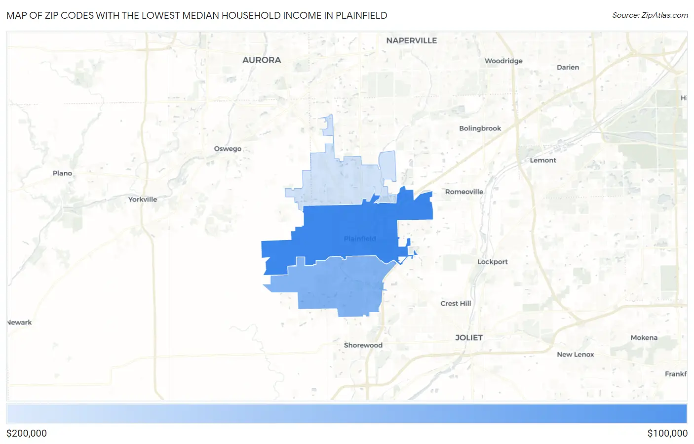 Zip Codes with the Lowest Median Household Income in Plainfield Map