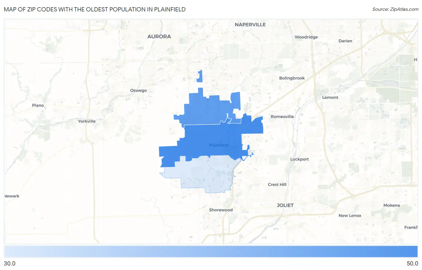 Zip Codes with the Oldest Population in Plainfield Map