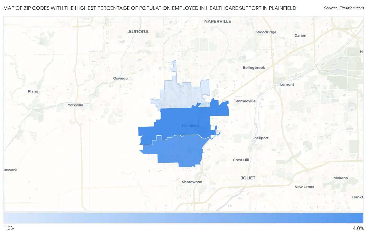 Zip Codes with the Highest Percentage of Population Employed in Healthcare Support in Plainfield Map
