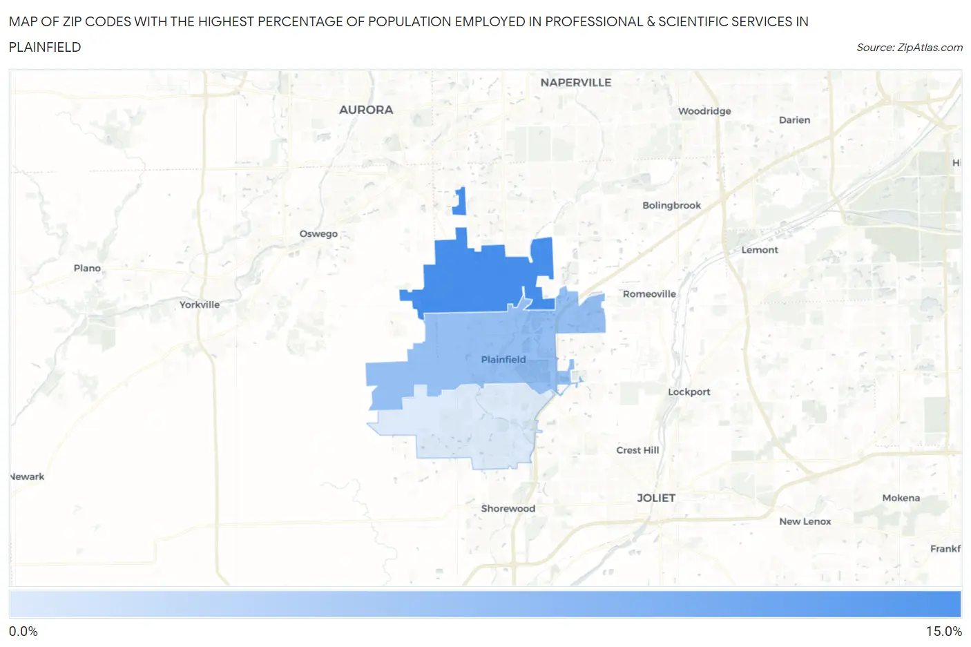 Zip Codes with the Highest Percentage of Population Employed in Professional & Scientific Services in Plainfield Map