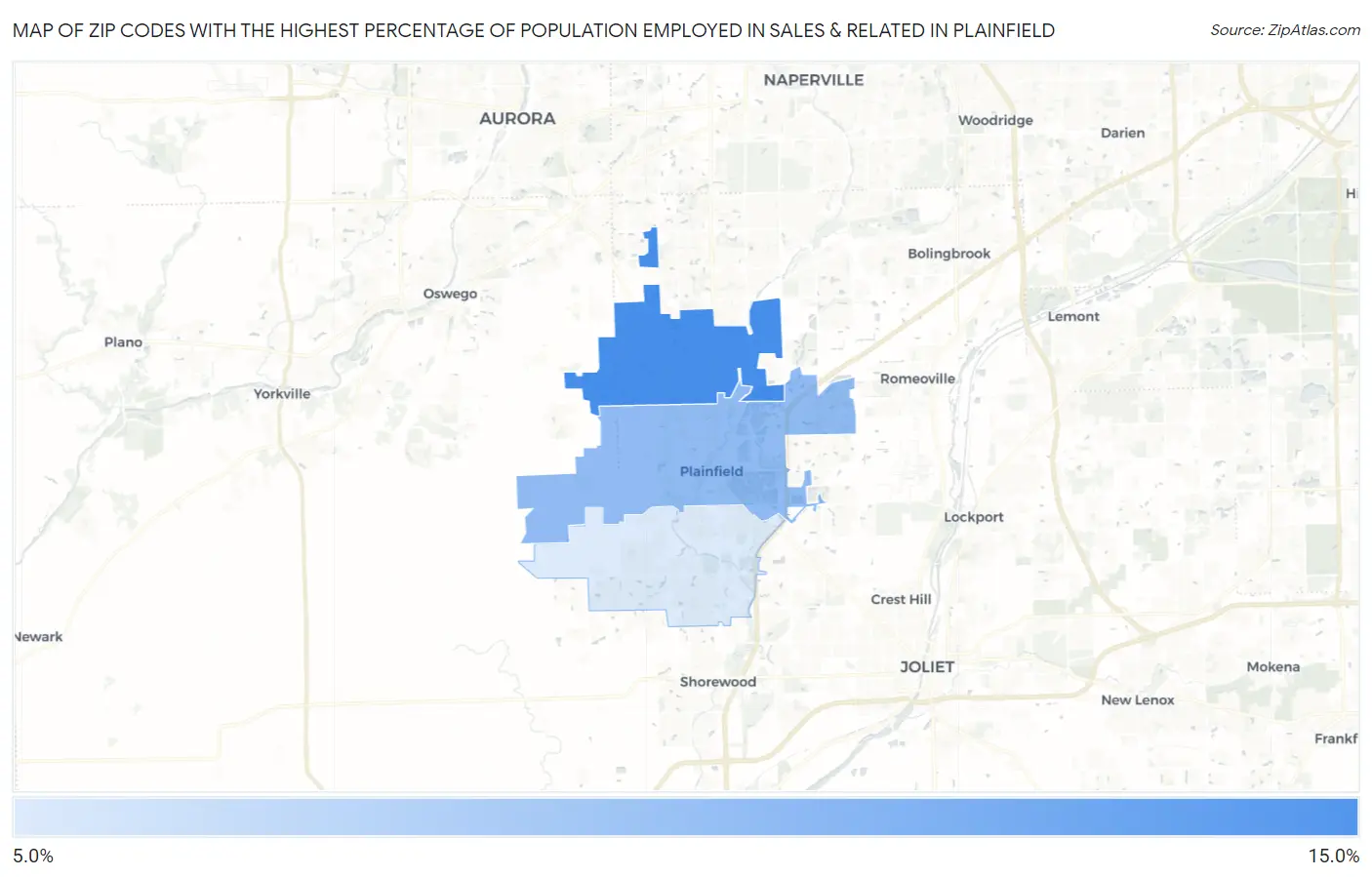 Zip Codes with the Highest Percentage of Population Employed in Sales & Related in Plainfield Map