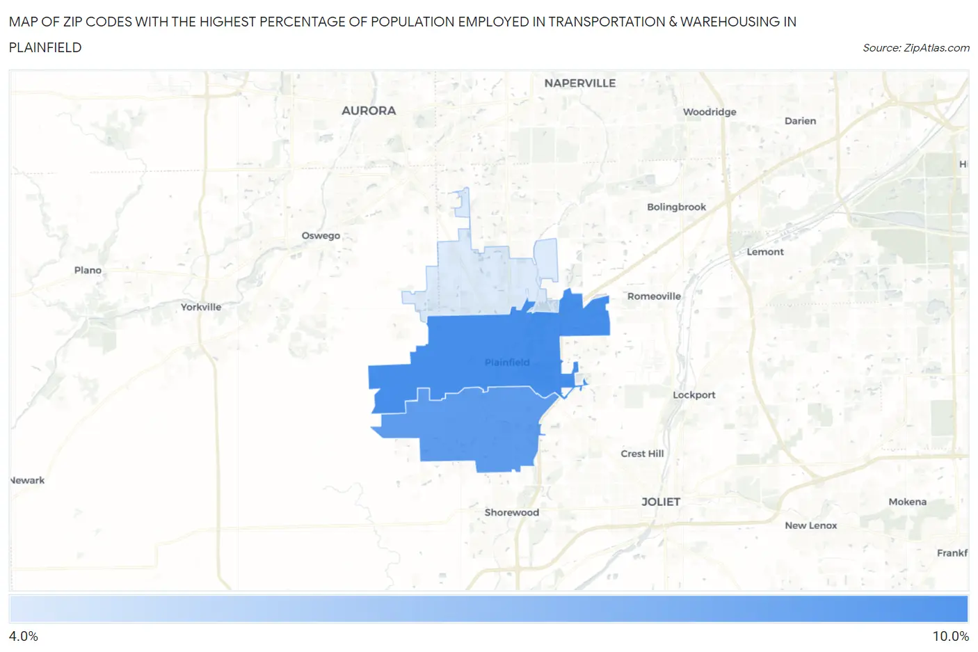 Zip Codes with the Highest Percentage of Population Employed in Transportation & Warehousing in Plainfield Map