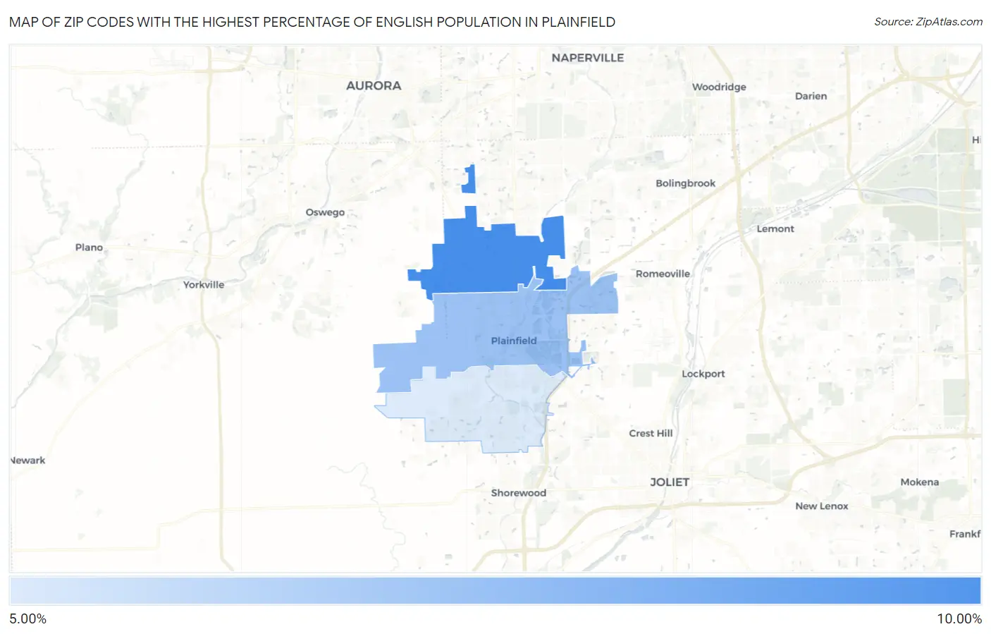 Zip Codes with the Highest Percentage of English Population in Plainfield Map