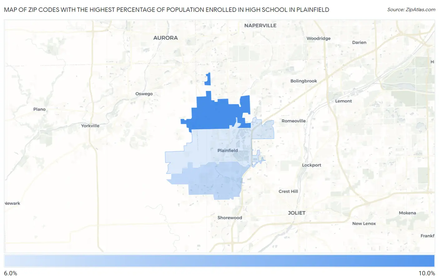 Zip Codes with the Highest Percentage of Population Enrolled in High School in Plainfield Map