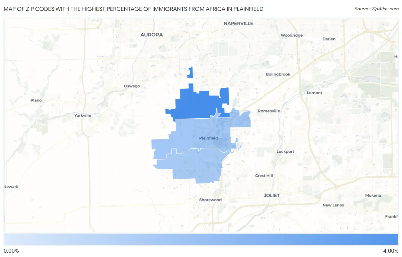 Zip Codes with the Highest Percentage of Immigrants from Africa in Plainfield Map